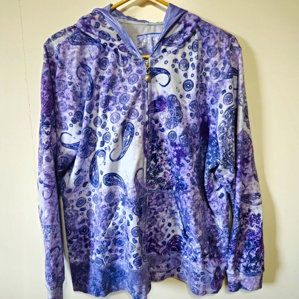 VTG Oleg Cassini Sport Paisley Full Zip Hoodie XL Purple Satin Lined Y2K Velvet